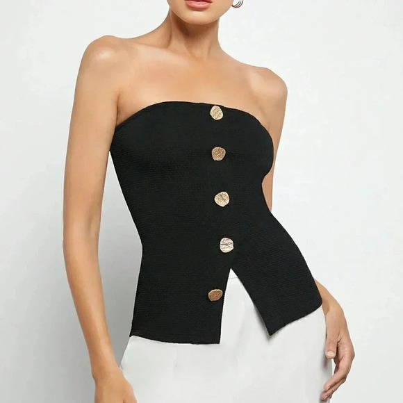 Black Casual Women's Button Front Split Hem Bandeau Top - Picture 3 of 7